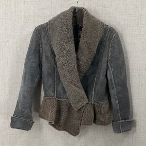 Poleci Shearling Jacket Womens S Gray Distressed Peplum Moto Boho Y2K Edgy